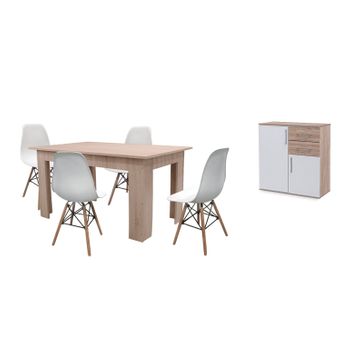 Pack Mesa De Comedor Fija Cambria + 4 Sillas Blanco + Aparador Joana 2 Puertas Blanco Y Cambria