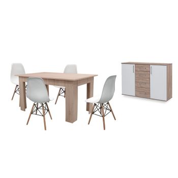 Pack Mesa De Comedor Fija Cambria + 4 Sillas Blanco + Aparador Joana 2 Puertas Y 4 Cajones Blanco Y Cambria