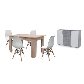 Pack Mesa De Comedor Fija Cambria + 4 Sillas Blanco + Aparador Joana 2 Puertas Y 4 Cajones Blanco Y Cemento