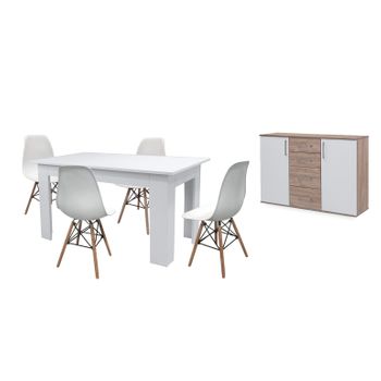 Pack Mesa De Comedor Fija Blanco + 4 Sillas Blanco + Aparador Joana 2 Puertas Y 4 Cajones Blanco Y Cambria