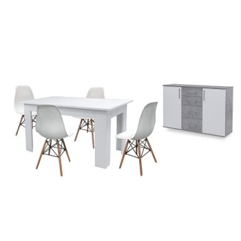 Pack Mesa De Comedor Fija Blanco + 4 Sillas Blanco + Aparador Joana 2 Puertas Y 4 Cajones Blanco Y Cemento