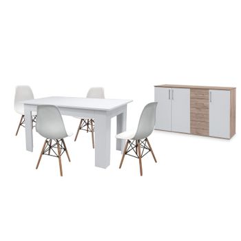 Pack Mesa De Comedor Fija Blanco + 4 Sillas Blanco + Aparador Joana 3 Puertas Y 4 Cajones Blanco Y Cambria