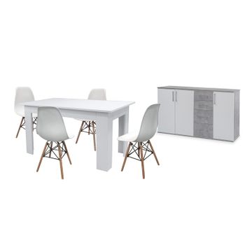 Pack Mesa De Comedor Fija Blanco + 4 Sillas Blanco + Aparador Joana 3 Puertas Y 4 Cajones Blanco Y Cemento