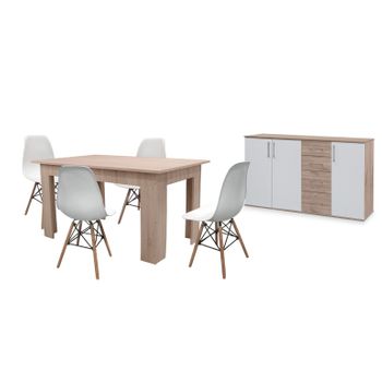 Pack Mesa De Comedor Fija Cambria + 4 Sillas Blanco + Aparador Joana 3 Puertas Y 4 Cajones Blanco Y Cambria