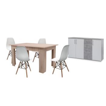 Pack Mesa De Comedor Fija Cambria + 4 Sillas Blanco + Aparador Joana 3 Puertas Y 4 Cajones Blanco Y Cemento