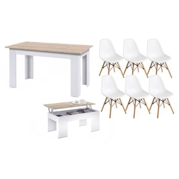 Pack Ahorro: Mesa De Comedor + 6 Sillas, Blanco Y Cambria + Mesa De Centro Blanco Y Cambria