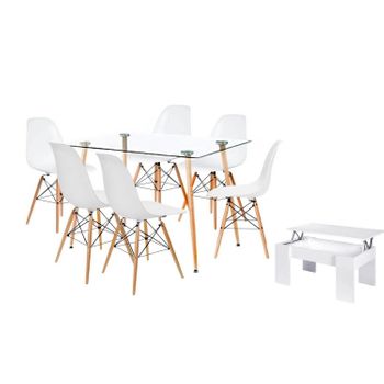 Pack Mesa De Cristal Templado + 6 Sillas Blanco + Mesa De Centro Blanco 140x80 Cm