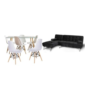 Pack Sofa Chaise Longue Negro En Terciopelo + Mesa De Cristal Templado + 6 Sillas Blanco