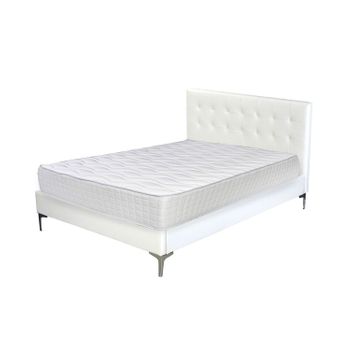 Cama De Matrimonio Con Somier + Cabecero 150 Cm Blanco En Polipiel + Colchon Top Viscoelastico De 28 Cm