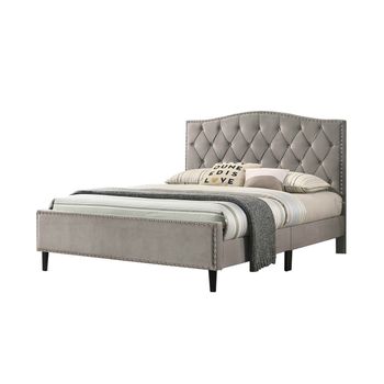 Cama De Matrimonio Jessy 150cm Gris En Terciopelo + Colchon Top Viscoelastico De 28 Cm