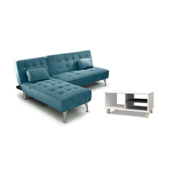 Sofa Cama Chaise Longue Xs Azul + Mesa De Centro Dn Blanco