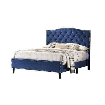 Cama De Matrimonio Jessy 135cm Azul En Terciopelo + Colchon Basico De 18 Cm