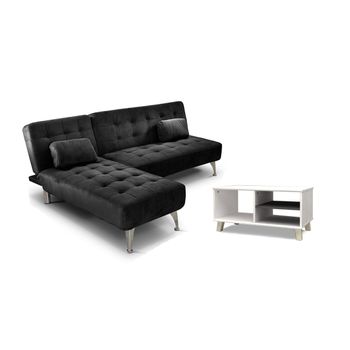Sofa Cama Chaise Longue Xs Negro + Mesa De Centro Dn Blanco
