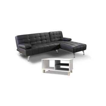 Sofa Cama Chaise Longue Xs Negro En Polipiel + Mesa De Centro Dn Blanco