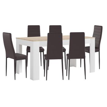 Mesa Extensible De Comedor O Cocina Blanco Y Cambria + 6 Sillas En Polipiel/metal Marron