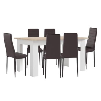 Pack Mesa De Comedor O Cocina Blanco Y Cambria + 6 Sillas En Polipiel/metal Marron