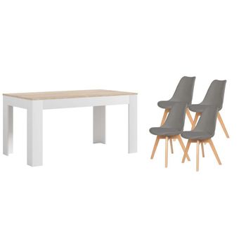 Pack Mesa Extensible De Comedor O Cocina Blanco Y Cambria + 4 Sillas Nordic Gris