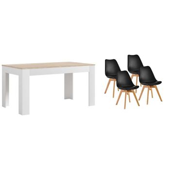 Pack Mesa Extensible De Comedor O Cocina Blanco Y Cambria + 4 Sillas Nordic Negro