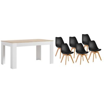 Pack Mesa Extensible De Comedor O Cocina Blanco Y Cambria + 6 Sillas Nordic Negro