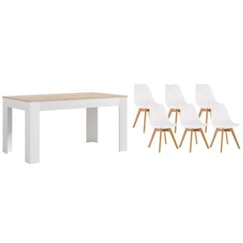 Pack Mesa Extensible De Comedor O Cocina Blanco Y Cambria + 6 Sillas Nordic Blanco