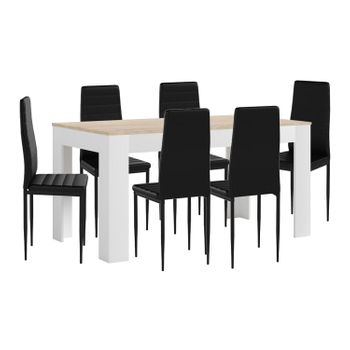 Mesa Extensible De Comedor O Cocina Blanco Y Cambria + 6 Sillas En Polipiel/metal Negro