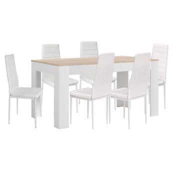 Mesa Extensible De Comedor O Cocina Blanco Y Cambria + 6 Sillas En Polipiel/metal Blanco