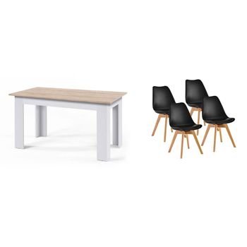 Pack Mesa Fija De Comedor O Cocina Blanco Y Cambria + 4 Sillas Nordic Negro