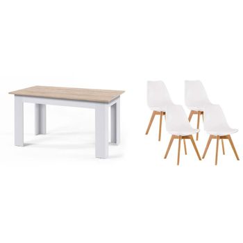 Pack Mesa Fija De Comedor O Cocina Blanco Y Cambria + 4 Sillas Nordic Blanco