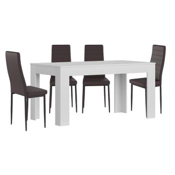 Mesa Extensible De Comedor O Cocina Blanco + 4 Sillas En Polipiel/metal Marron