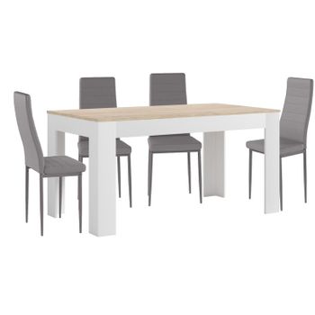 Mesa Extensible De Comedor O Cocina Blanco Y Cambria + 4 Sillas En Polipiel/metal Gris