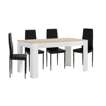 Mesa Extensible De Comedor O Cocina Blanco Y Cambria + 4 Sillas En Polipiel/metal Negro