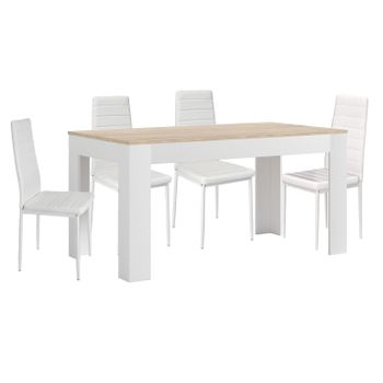 Mesa Extensible De Comedor O Cocina Blanco Y Cambria + 4 Sillas En Polipiel/metal Blanco