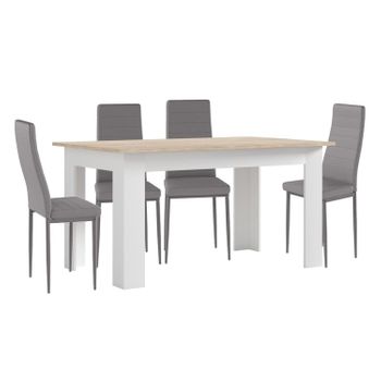 Pack Mesa De Comedor O Cocina Blanco Y Cambria + 4 Sillas En Polipiel/metal Gris