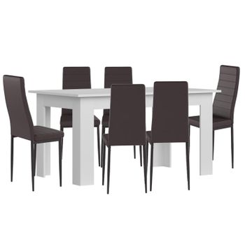 Pack Mesa De Comedor O Cocina Blanco + 6 Sillas En Polipiel/metal Marron