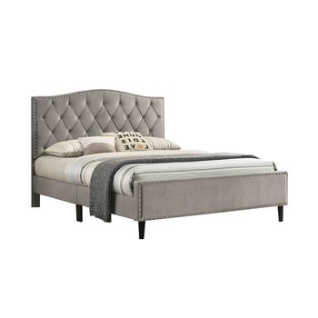 Cama De Matrimonio Jessy 150cm Gris En Terciopelo + Colchon Viscoelastico De 23 Cm