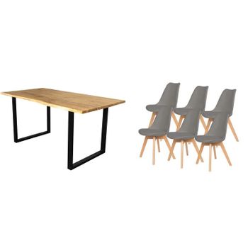 Pack Mesa De Comedor O Cocina Madera Maciza 180cm + 6 Sillas Nordic Gris