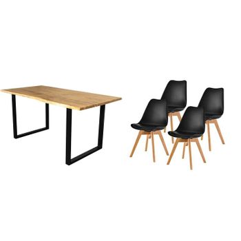 Pack Mesa De Comedor O Cocina Madera Maciza 180cm + 4 Sillas Nordic Negro