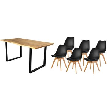 Pack Mesa De Comedor O Cocina Madera Maciza 180cm + 6 Sillas Nordic Negro