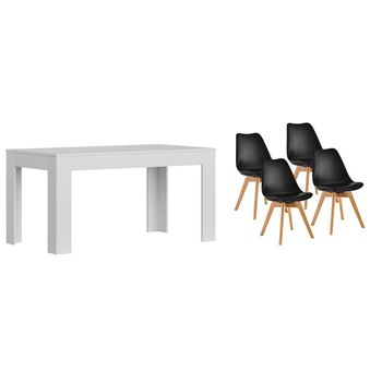 Pack Mesa Extensible De Comedor O Cocina Blanco + 4 Sillas Nordic Negro