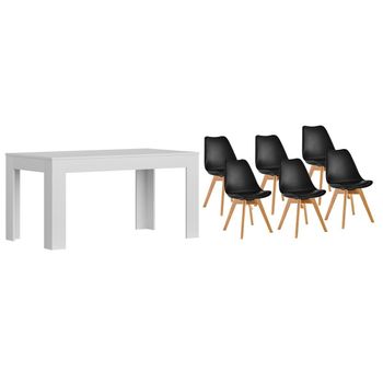 Pack Mesa Extensible De Comedor O Cocina Blanco + 6 Sillas Nordic Negro