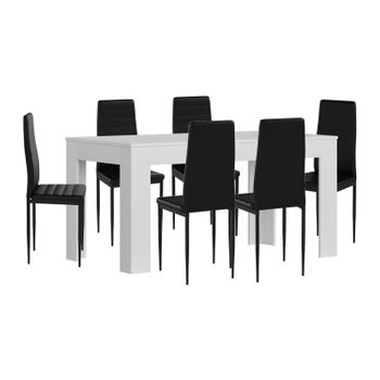 Mesa Extensible De Comedor O Cocina Blanco + 6 Sillas En Polipiel/metal Negro