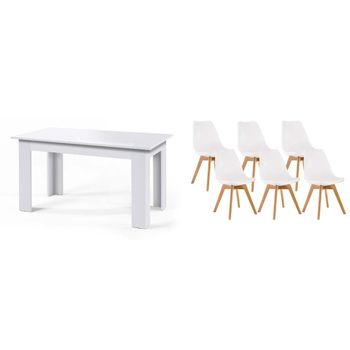 Pack Mesa Fija De Comedor O Cocina Blanco + 6 Sillas Nordic Blanco