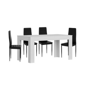 Mesa Extensible De Comedor O Cocina Blanco + 4 Sillas En Polipiel/metal Negro