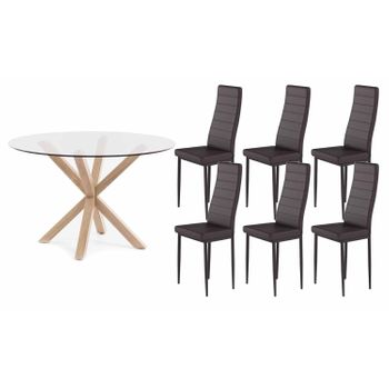 Pack Mesa Redonda De Cristal Templado + 6 Sillas Polipiel/metal Marron 120x75 Cm