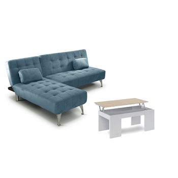 Oferta: Sofa Cama Chaise Longue Xs Azul + Mesa De Centro Blanco Y Cambria