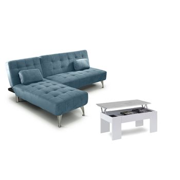 Oferta: Sofa Cama Chaise Longue Xs Azul + Mesa De Centro Blanco Y Cemento