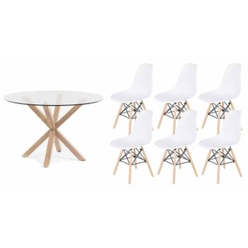 Pack Mesa Redonda De Cristal Templado + 6 Sillas Estilo Nordico Blanco 120x75 Cm