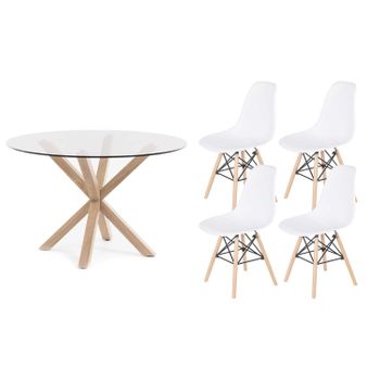 Pack Mesa Redonda De Cristal Templado + 4 Sillas Nordic Blanco 120x75 Cm