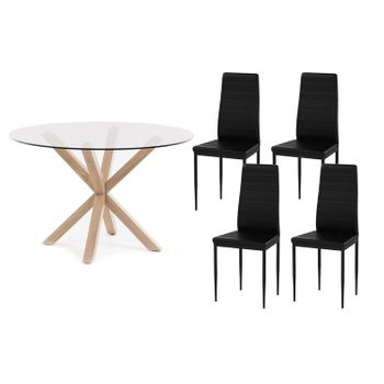 Pack Mesa Redonda De Cristal Templado + 4 Sillas Polipiel/metal Negro 120x75 Cm