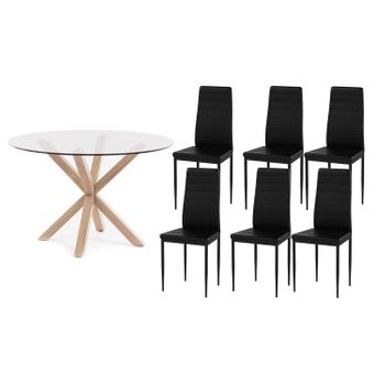 Pack Mesa Redonda De Cristal Templado + 6 Sillas Polipiel/metal Negro 120x75 Cm